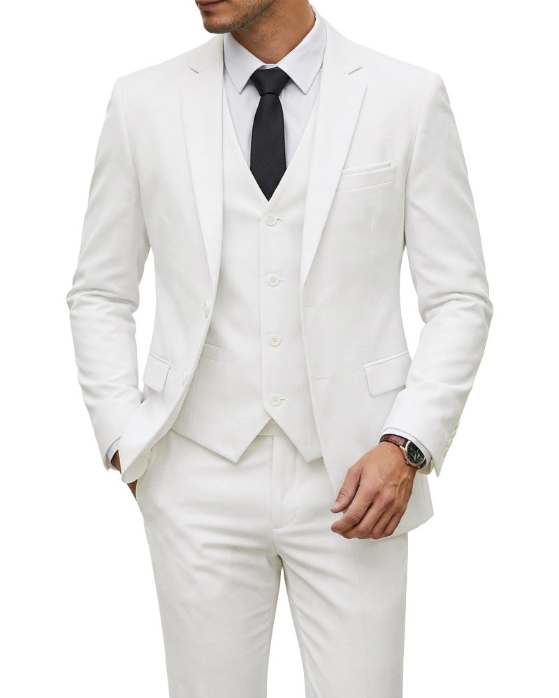 YND Men's 3 Piece Suit Set with Tie, 2 Button Slim Fit Solid Blazer Jacket Vest Pants, Business Wedding Party Suits for Men, White - Image 1